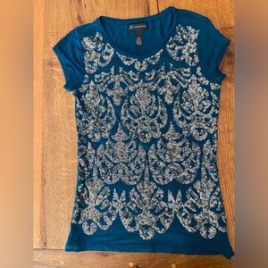 INC International Concepts Peacock Green Shirt with Stunning Sequins, Size Small